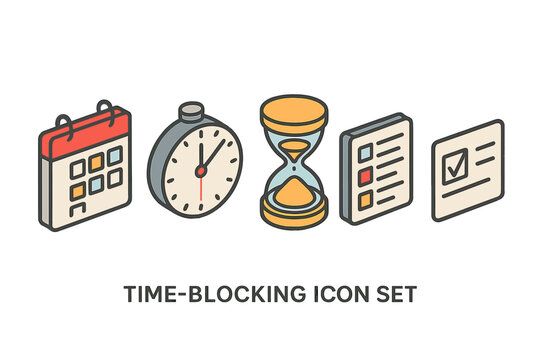 Isometric time blocking icon set. Time management & productivity technique concept. Includes calendar schedule, daily planner, stopwatch, hourglass, to-do list & completed task.