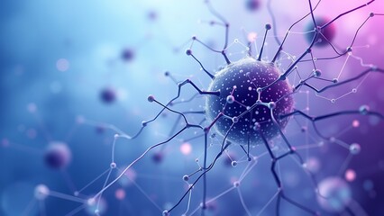 Abstract Neural Network Visualization - Interconnected Nodes and Pathways in Blue and Purple for Science, Technology, and Medical Concepts.