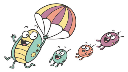 Joyful cartoon characters with a colorful parachute enjoying a fun adventure together in the sky