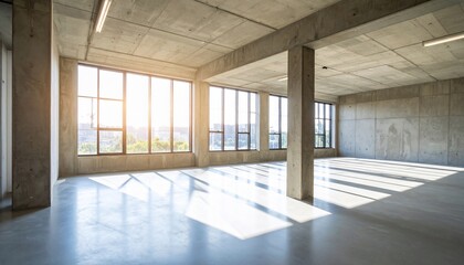Obraz premium Sunlit Concrete Interior Space with Large Windows and Open Floor Plan Architecture
