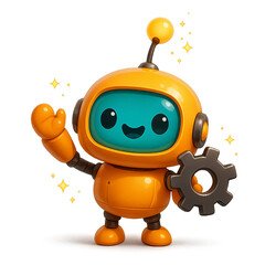 3D cartoon robot mascot for AI chatbot and technology support. Cute friendly assistant character holding a gear.