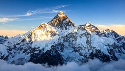 The majestic snow-capped peak of Mount Everest illuminated by the golden light of sunrise, towering above the clouds in the Himalayas.