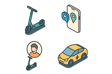 Isometric icon set for mobility service. Transportation startup concept with electric car, scooter sharing and ride hailing app. Urban transport technology vector illustration.