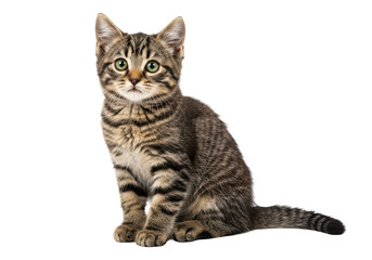 Obraz premium Cute tabby kitten sitting and looking at the camera, isolated on transparent background