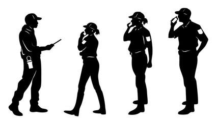 Silhouettes of security guards in uniform one holding a device others talking on phones or thinking