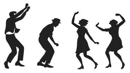 Silhouettes of four people dancing joyfully in a vintage style with arms raised and expressive body movements