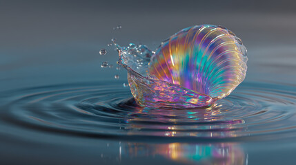 A colorful water splash in the shape of an open shell, swirling and glowing with light, against a background of calm blue ripples on a soft gray surface.