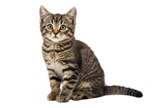 Cute tabby kitten sitting and looking at the camera, isolated on transparent background