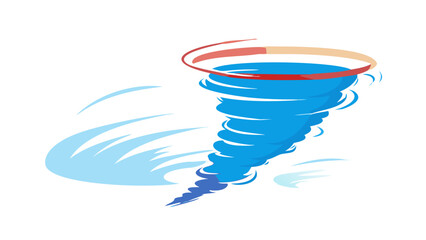 Stylized blue tornado with swirling winds and a red and tan halo against a black background