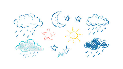 Children s drawing of weather elements including sun moon clouds and stars