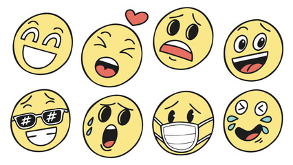 Collection of diverse yellow emoji faces expressing various emotions