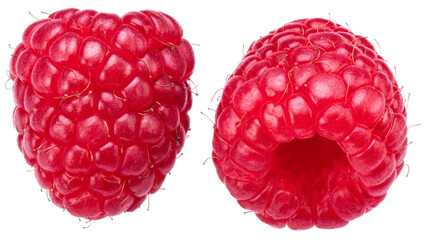 Two raspberries  isolated on a white background. Maximum detail and sharpness across the entire...