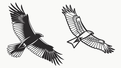 Two stylized black silhouette eagles in full flight with wings spread wide against a white background