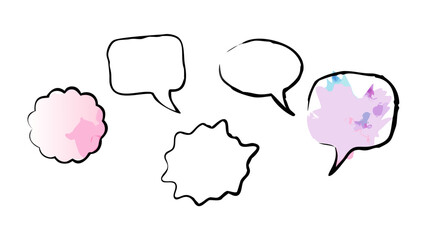 Two stylized cartoon heads with colorful thought bubbles and speech bubbles on a black background symbolizing communication and ideas