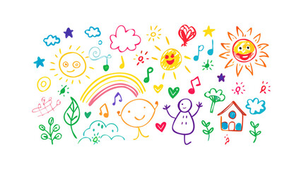 Vibrant and cheerful crayon drawing of a happy sun rainbow music notes and playful characters on a black background