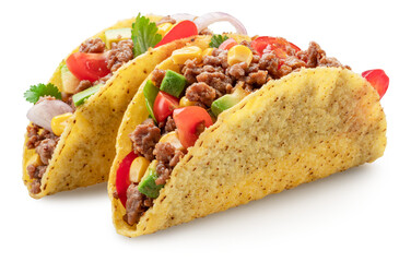 Mexican meat taco or beef stuffed tortilla isolated on white background. File contains clipping path.