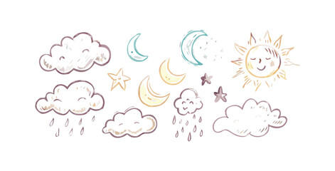 Whimsical hand drawn celestial elements featuring a smiling sun crescent moons stars and rain clouds on a black background