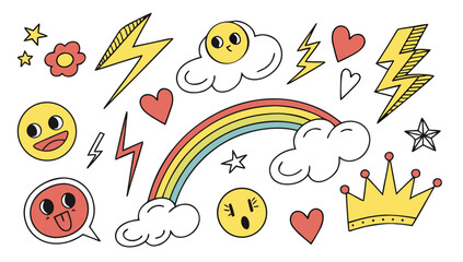 Whimsical doodle collection featuring rainbows clouds lightning bolts hearts stars smiley faces flower and crown