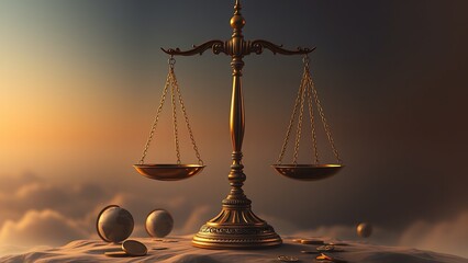 Dramatic Gold Scales of Justice - Balance and Equilibrium, Law and Financial Decisions for Legal Advice and Economic Forecasts, Wall Art