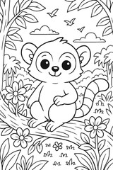 Adorable lemur sitting on a tree branch in a lush jungle coloring page