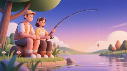 3D illustration of a couple fishing by a lake at sunset. Concept of relationship, quality time, slow living and mindfulness.