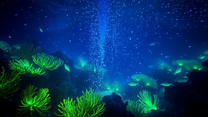 Underwater Coral Reef Landscape - Vibrant Marine Life with Glowing Green Flora and Bubbles, for Nature Documentaries and Scuba Diving Promotions