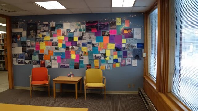A library corner with a blue wall covered in posters and notes, fairy lights, two chairs, a small table, and a window with blinds