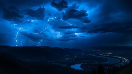 Dramatic Lightning Storm Over Winding River - Dark, Moody Landscape for Environmental Awareness Campaigns and Weather-related Articles