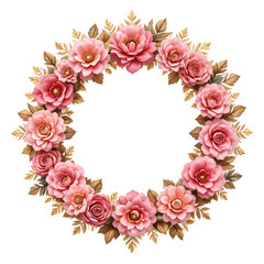 Romantic Pink Flowers and Gold Leaves Circular Frame – Isolated Transparent PNG.