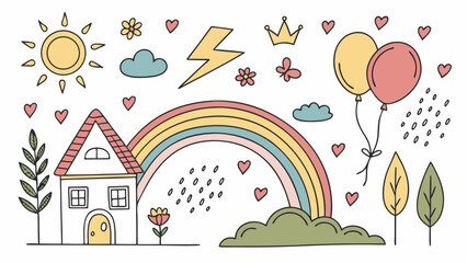Whimsical hand drawn collection of cute elements featuring a rainbow house sun clouds balloons and hearts