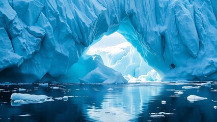 Arctic Iceberg Archway - Serene Landscape of Frozen Glacier Reflecting in Calm Waters for Cold Climate and Environmental Awareness Campaigns