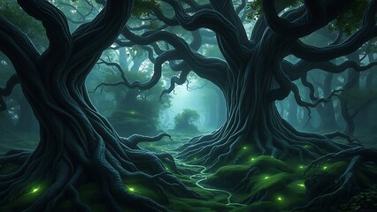 Mystical Forest Path with Glowing Lights - Fantasy Landscape for Book Covers, Adventure Games, or Dreamy Wall Art