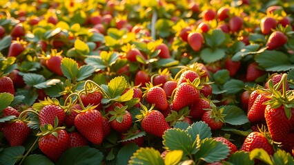 Luscious Strawberry Field - Vibrant Close-Up of Fresh, Ripe Berries with Green Leaves for Summer Food, Healthy Eating and Agricultural Concepts