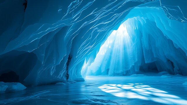 Serene Ice Cave Interior - Abstract Cold Landscape with Light Rays for Backgrounds, Winter Designs and Natural Wallpapers.