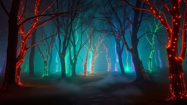 Enchanted Forest Path - Trees Decorated with Colorful Lights in Foggy Landscape for Fantasy Art and Nature-Inspired Designs