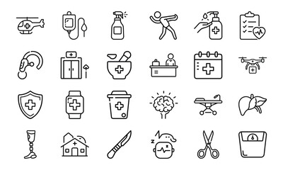 Medical Healthcare Line Icons Bundle Hospital Equipment, Doctor Tools, Patient Care, Emergency Services, Surgery, Pharmacy, First Aid, and Medicine Vector Pack