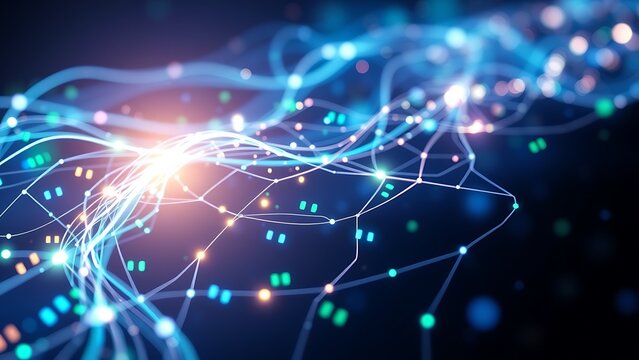 Abstract Glowing Network - Futuristic Data Stream Visualization for Technology Backgrounds and Science Concepts in Brilliant Blue and Orange - Powered by Adobe