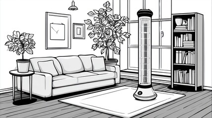 Illustrated interior featuring couch, plants, bookshelf, tower fan, and artwork