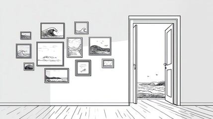 Seaside themed art gallery on wall leads to real ocean through a bright doorway