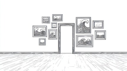 Sketch Wave pictures frame doorway in white room with wood floor perspective