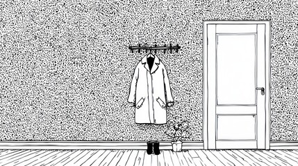 Simple line drawing coat hangs above shoes, door on right, textured wall