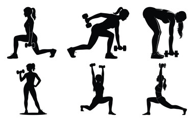 Five silhouettes of people performing dumbbell exercises including lunges, rows, deadlifts, and presses, showcasing strength and motion
