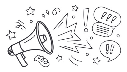 Hand drawn megaphone announcement with speech bubbles and stars