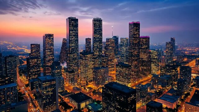 Vivid city skyline at sunset with illuminated skyscrapers and vibrant clouds
