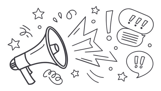 Hand drawn megaphone announcement with speech bubbles and stars