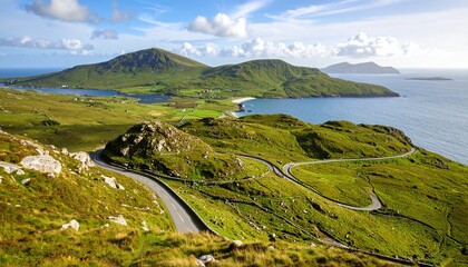Scenic Irish coastal road winding through lush green hills, overlooking a tranquil bay and islands.
