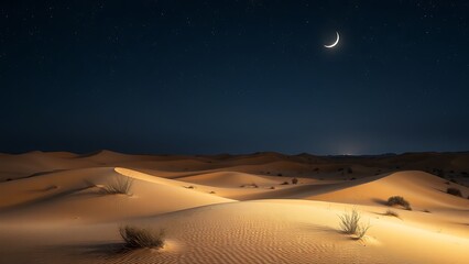 Naklejka premium Desert Nightscape with Crescent Moon - Serene Landscape with Sand Dunes and Starry Sky for Backgrounds and Travel Photography