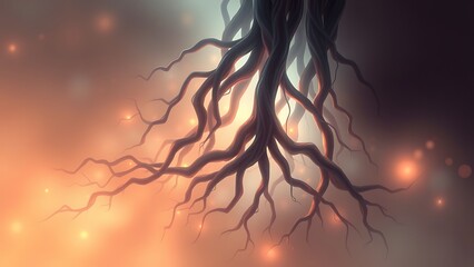 Ethereal Roots in a Dreamscape - Abstract Illustration for Fantasy Art, Digital Composites, and Mystical Backgrounds with a surreal, dreamlike atmosphere and glowing light orbs.