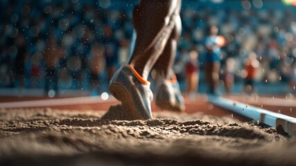 Close-up of long jump landing with student athlete’s foot hitting sand, photorealistic action scene with flying particles, symbolizing sport, power, movement and competition