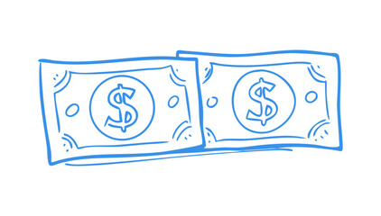 Simple blue line drawing of two dollar bills